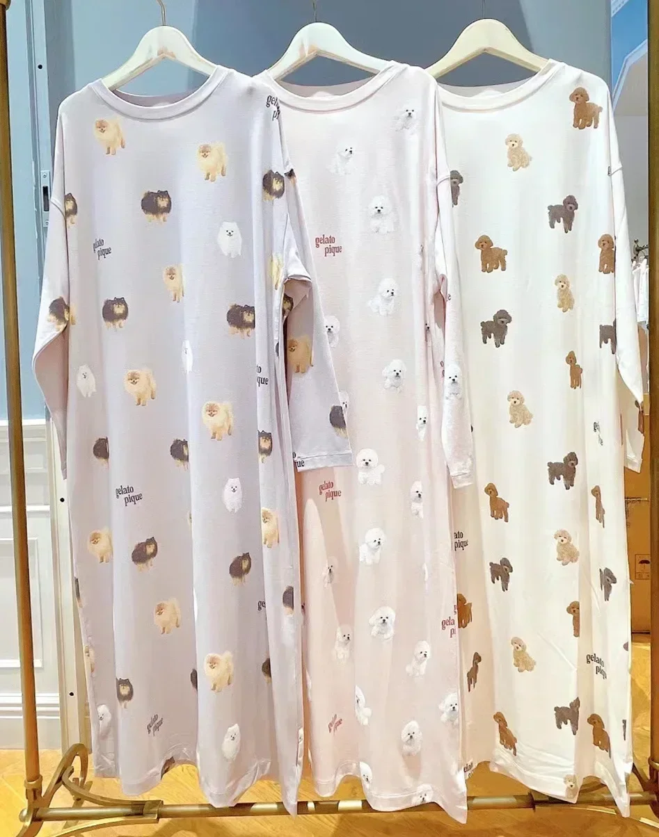 

Room Wear Ladies Pajamas Autumn and Winter New Women's Nightdress Teddy Bichon Pomeranian Long Sleeve Dress Cotton