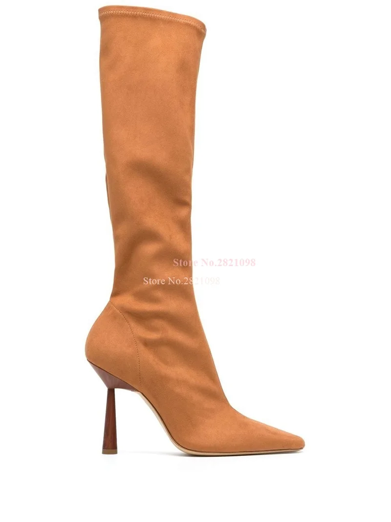 

Suede 105Mm High Heel Boots Brown Leather Stretch Pull On Knee Length Pointed Toe Sculpted Heeled Boos Women Pointy Long Bota