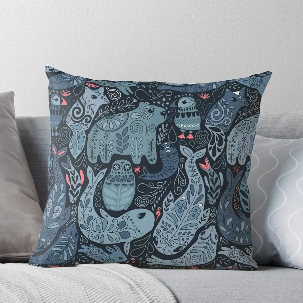 

Arctic animals. Narwhal, polar bear, whale, puffin, owl, fox, bunny, seal. Throw Pillow Cushion Cover For Sofa