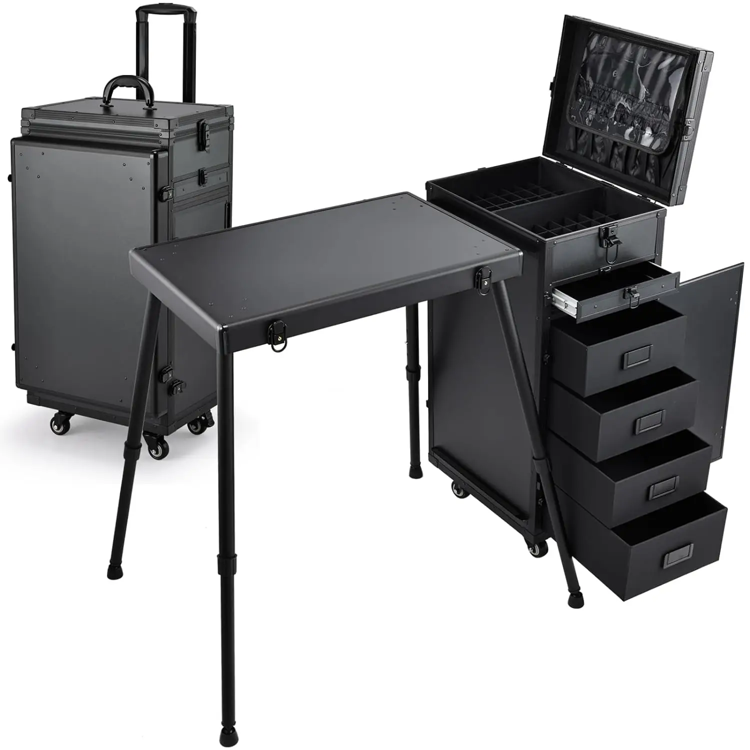 

Joligrace Rolling Manicure Table Makeup Case Foldable Nail Desk 5 Drawers Cosmetology Case on Wheels with Brush Pouch