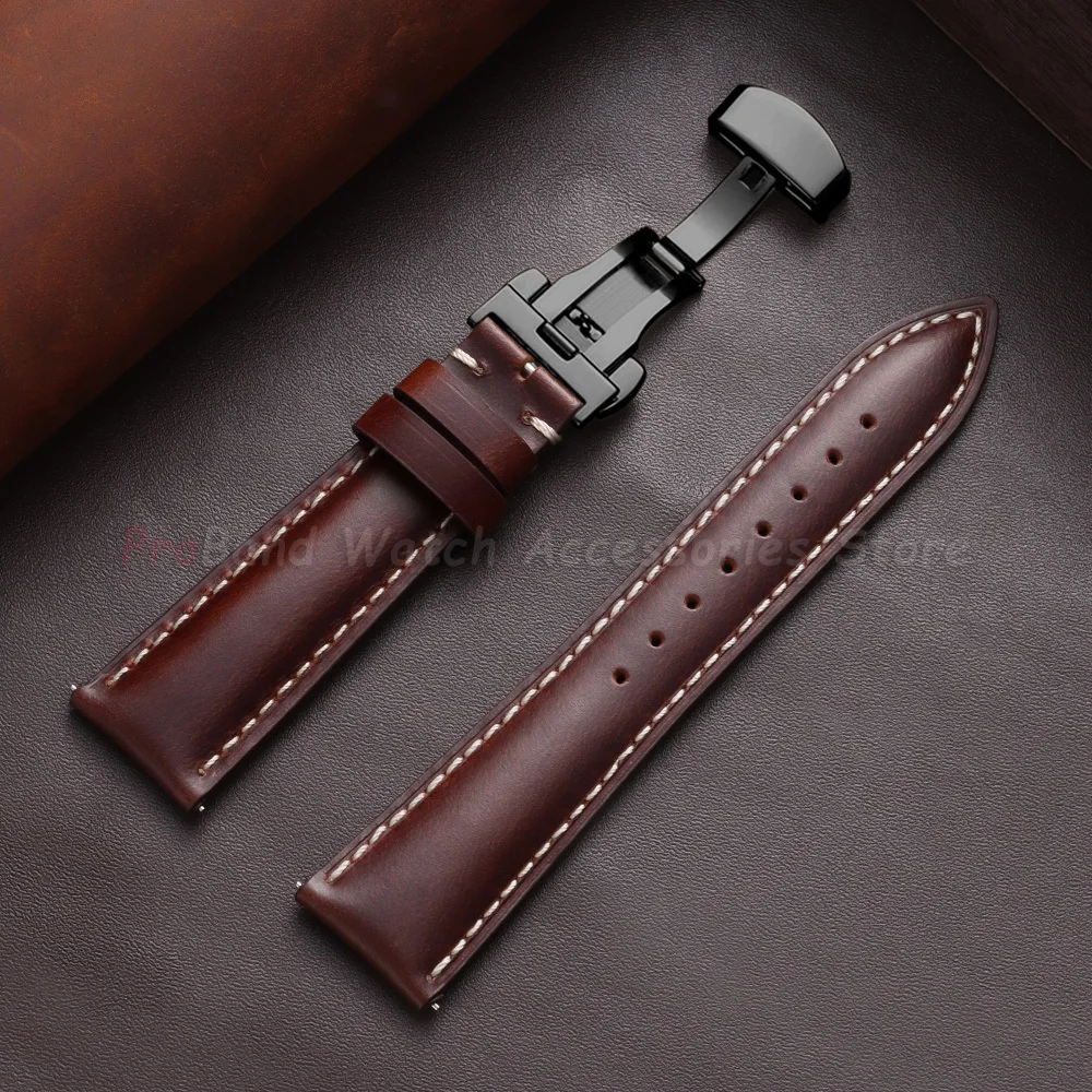Vintage Brown Oil Wax Leather Watch Strap with Butterfly Buckle - Men's Accessory