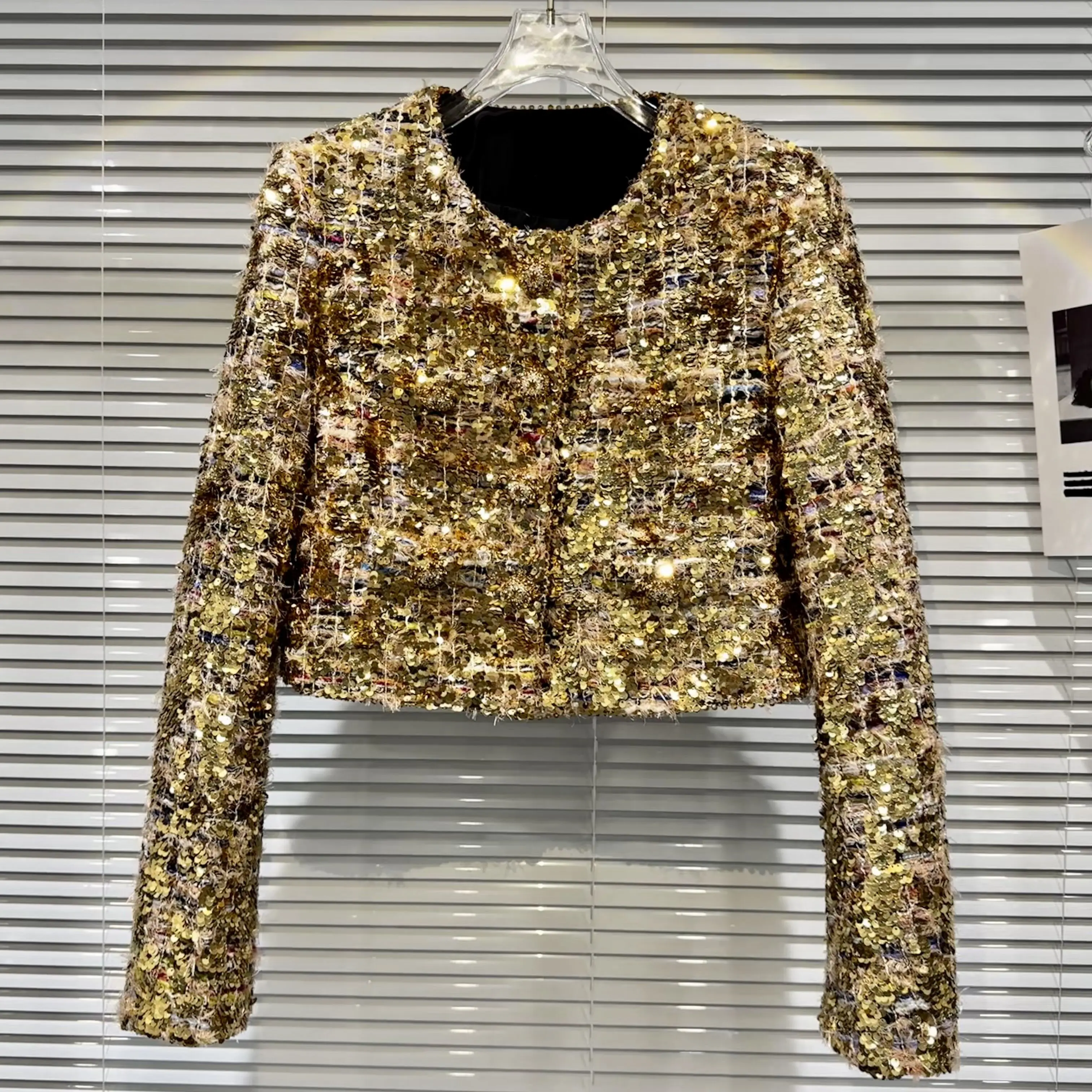 

2023 Autumn Light Luxury Gold Sequin Thick Tweed Short Coat For Women