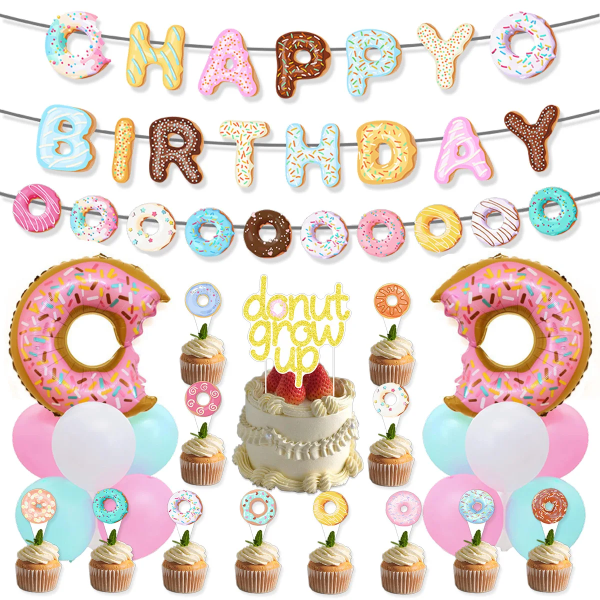 Süßes Donut-Thema, Geburtstagsbanner, Wirbel, zum Aufhängen, Donut-Kuchenaufsatz, Ballon für Mädchen, Geburtstag, Babyparty, Party-Dekoration