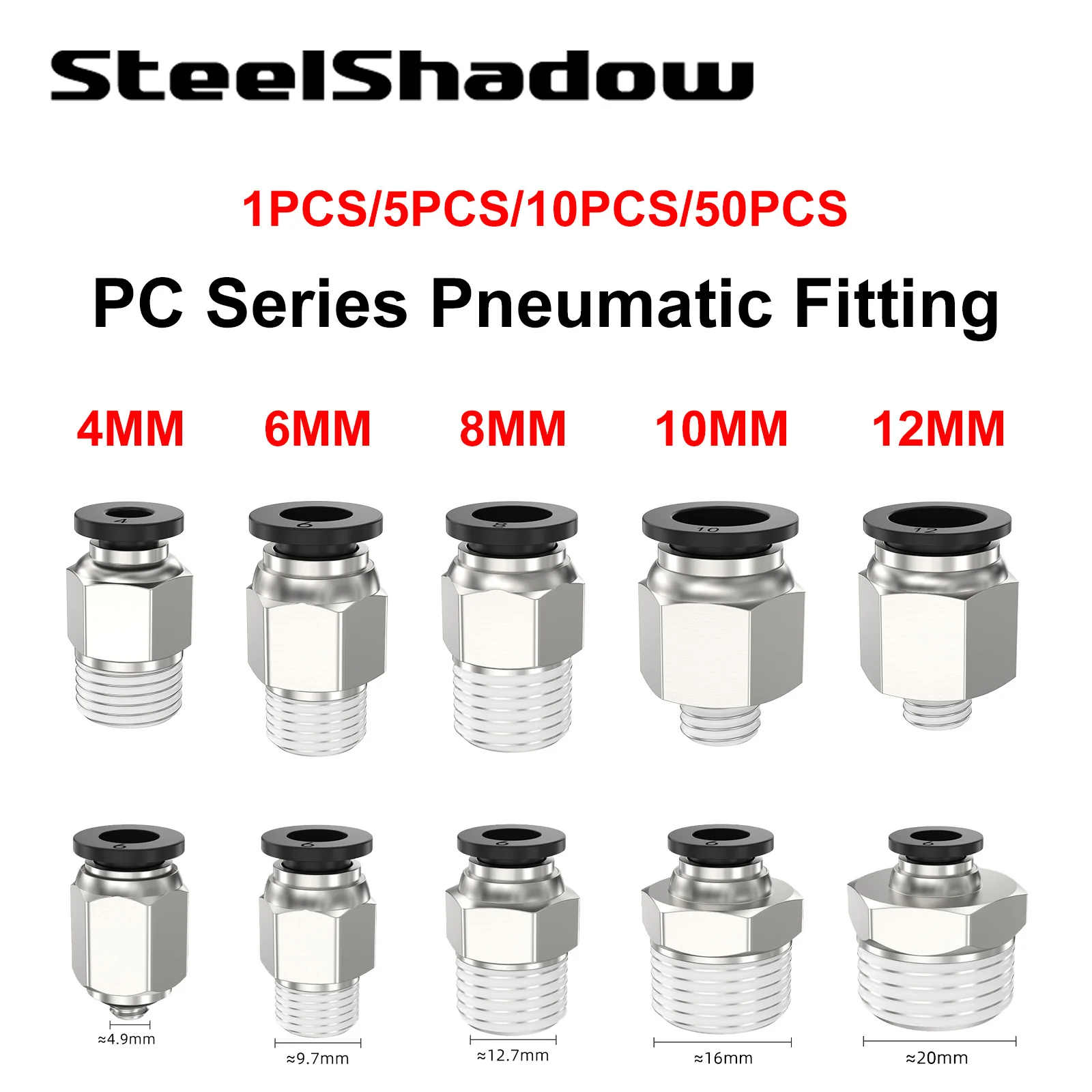 ข้อต่อเร็วสำหรับท่อช่วยหายใจ PC8-02 แบบเกลียวตรง ข้อต่อเกลียวนอก แบบเสียบเร็ว อุปกรณ์เสริมสำหรับเครื่องอัดอากาศแบบนิวเมติก 4-M5 1