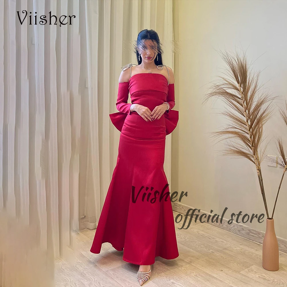 

Red Satin Mermaid Evening Dresses with Sleeve Strapless Dubai Arabic Wedding Guest Dress Floor Length Formal Prom Gowns