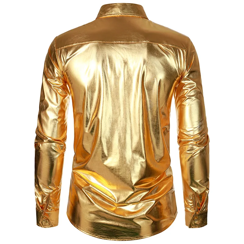 Description Picture 4 of itemNew Long Sleeved NightClub Party Shirt for Men Button Up Gold Shinny Stage Dress Shirts Costume Homme 2024 Hip Hop Shirt Outfits