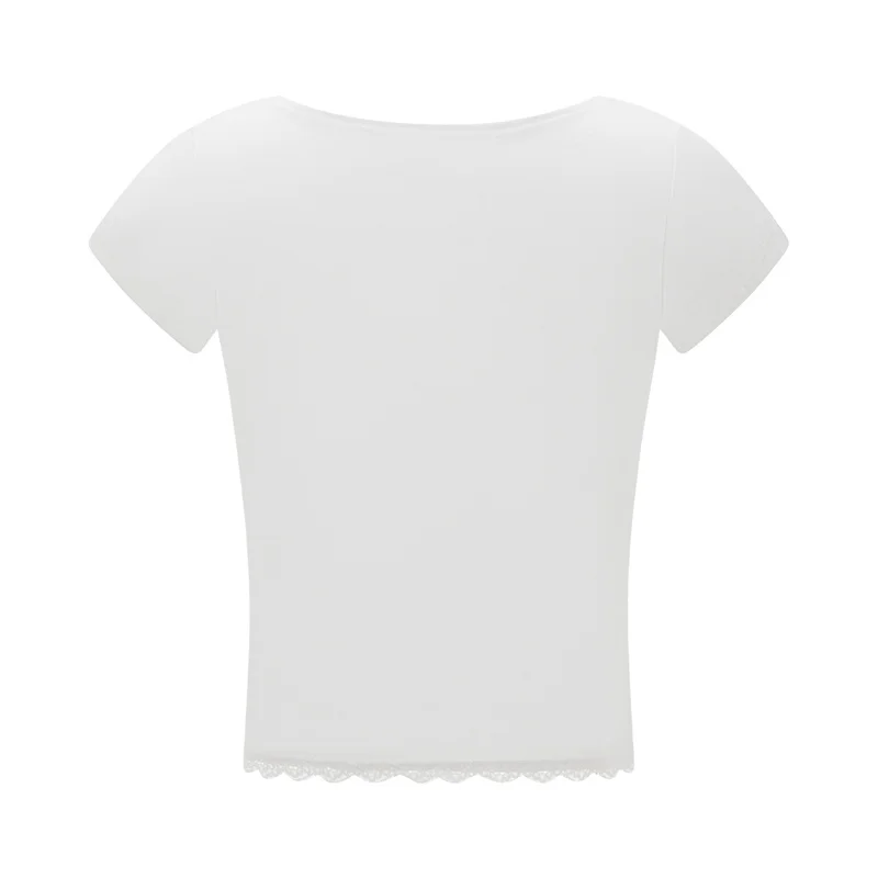 y2k Lace Trim Crop Top Women Sweetheart Neck Short Sleeve T Shirt with Bow Coquette Aesthetic Clothes 2000s Streetwear