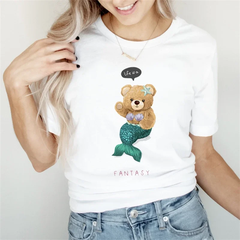 

Простая и Повседневная стильная женская футболка с коротким рукавом Женская милая и Повседневная модная женская футболка в стиле 90-х с принтом медведя большого размера