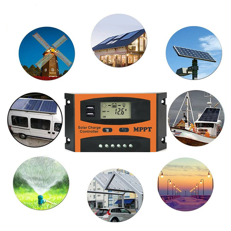 LCD 디스플레이 자동 태양 전지 레귤레이터, 12V, 24V, 로드 포함, 호텔 방전기, 블랙 추가, 가정용 휴대용 듀얼 USB