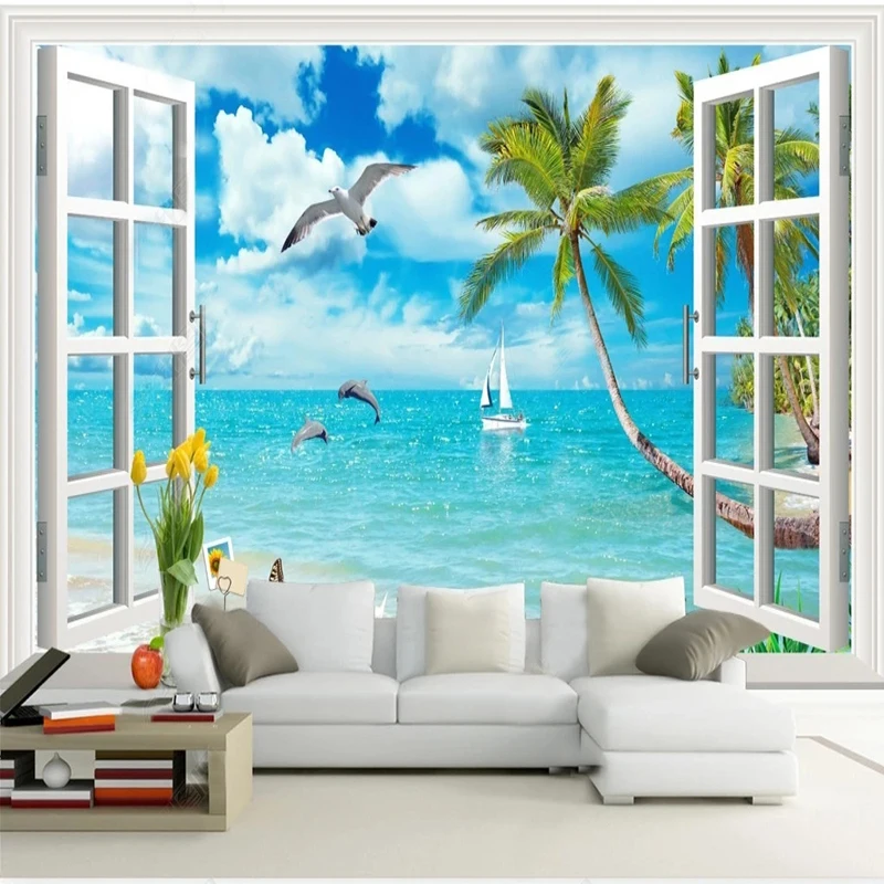 

Custom Mural HD Window With Coconut Trees Sea View Photo Background Wallpaper For Bedroom Living Room Wall Painting Home Decor
