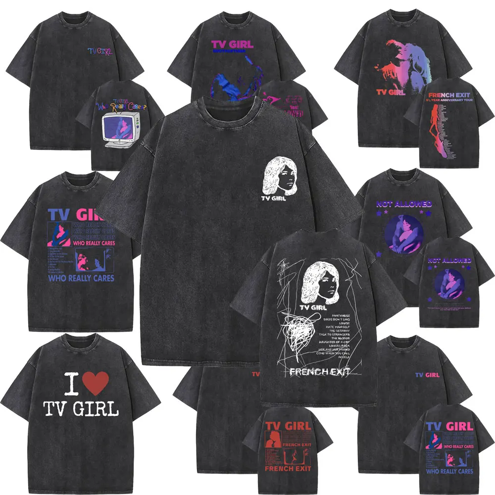 

Washed Vintage TV Girl French Exit Lovers Rock Graphic Print Tshirt Men Women Fashion Oversized T-shirt Unisex Casual T-shirts