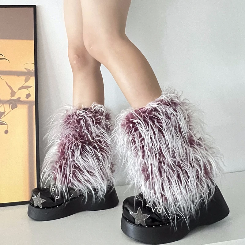 Ins 2000s Sweet Cute Pink Lolita Girls Gradient Faux Fur Leg Warmers Women Costume Leggings Hot Y2k Goth Punk Legcovers