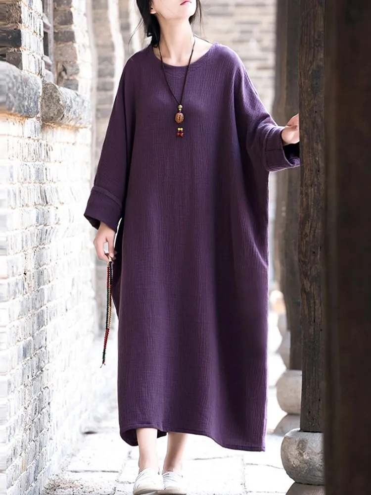 

Women Casual Dress New Arrival 2023 Autumn Vintage Style O-neck Batwing Sleeve Loose Female Cotton Linen Long Dresses M036