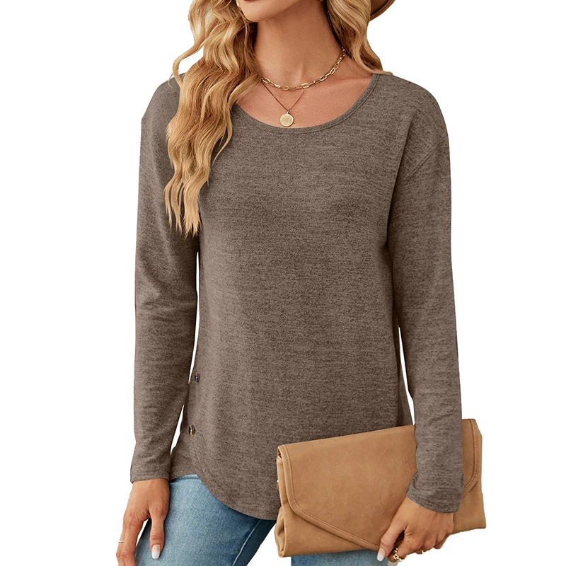 

2023 Autumn Simplicity Women T-Shirts Solid Casual O-Neck Long Sleeve Tops Office Ladies Button Irregular Hem Decor Pullovers