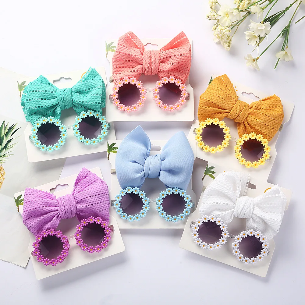 

2Pcs/Set Baby Sunglasses Headband Set Cartoon Toy Sun Flower Sunshade Glasses Solid Color Hollow Hairband Hair Accessories