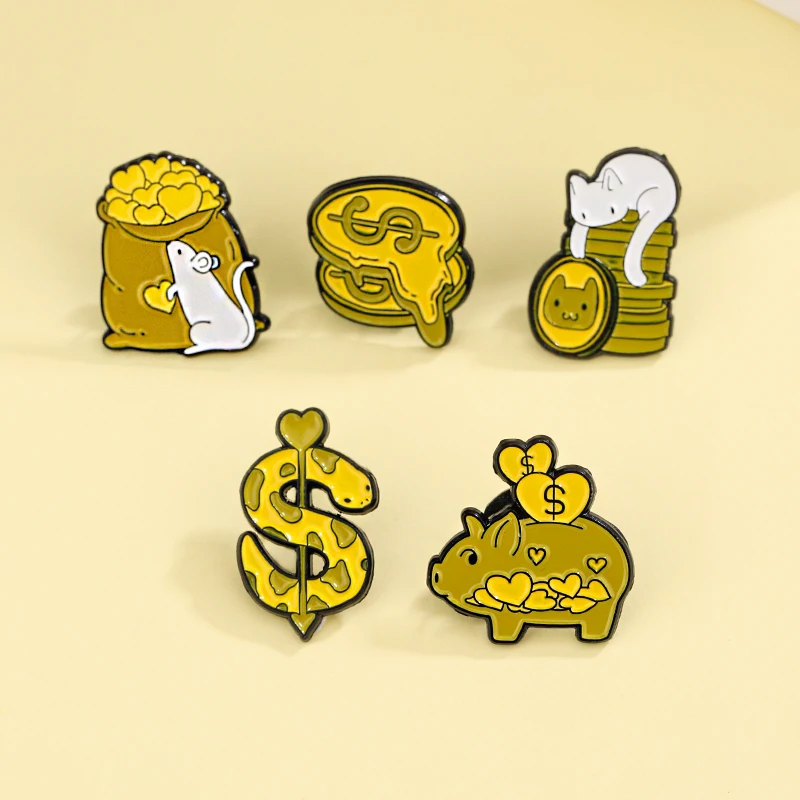 Cute Money Dollar Moneta D'Oro Spille Smaltate Love Snake Mouse Piggy Piggy Cat Gold Coin Spille Animal Badge Jewelry Wholesale