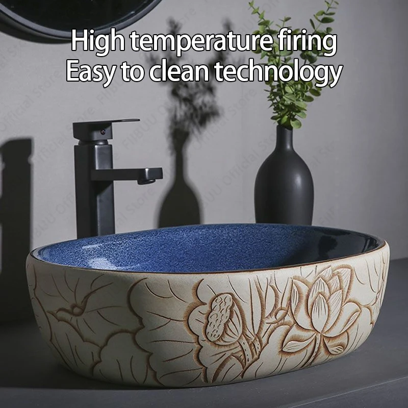 Ceramic Vessel Sink Lotus Flower Pattern Table Sink Above Counter Oval Washbasin Countertop Art Basin Bathroom Balcony Sink Bowl 3