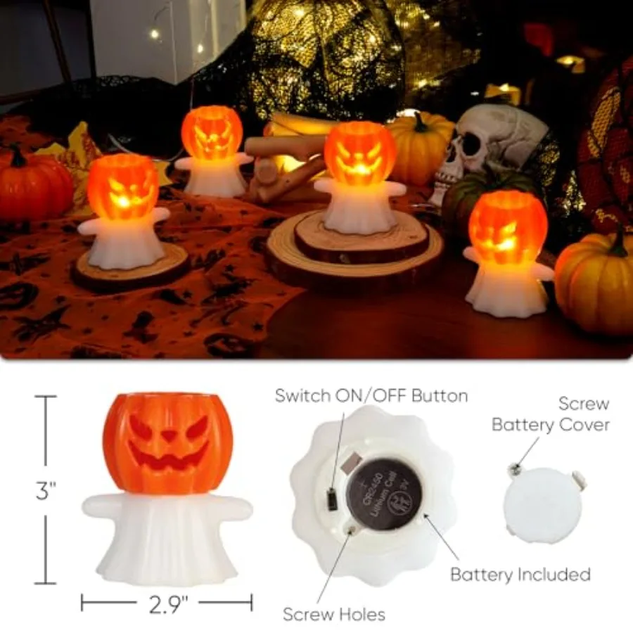 Real Wax Pumpkin Ghost Lamp 4 Pcs Flickering Flameless Candles with 6hrs Timer for Spooky Halloween Home Decor and Theme Party