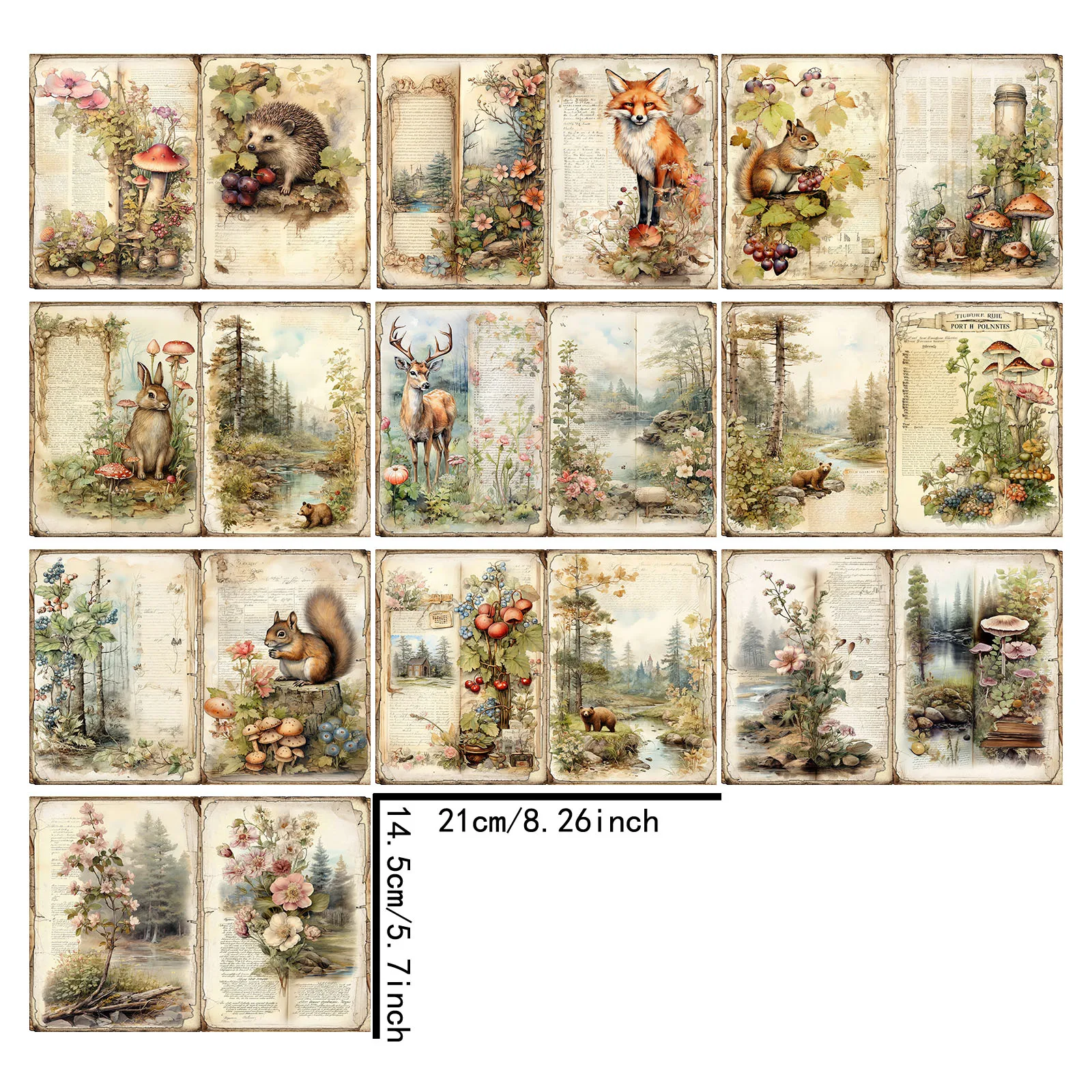 레트로 숲 풍경 여우 고슴도치 토끼 학생 문구, 빈티지 그런지 저널, 계획 스크랩북, A5 사이즈, 10 매