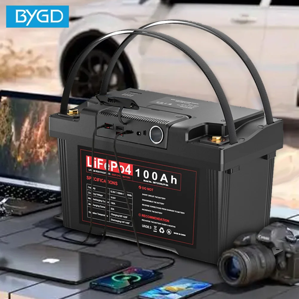 

BYGD 100Ah LiFePO4 Lithium Battery with USB DC Ports,Car Battery Charger Built-in 100A BMS Power Bank EPS UPS for Router 12V