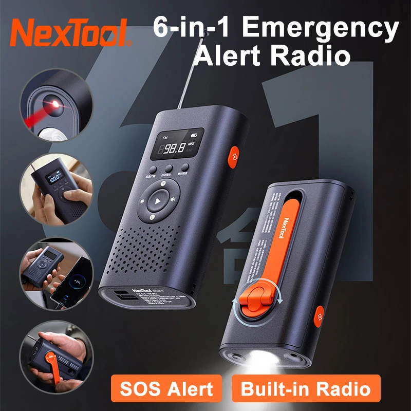 Original Xiaomi Nextool 6-in-1 Emergency Alert Radio Flashlight Manual Power Generation Laser Light 4500mAh Power Bank Outdoor