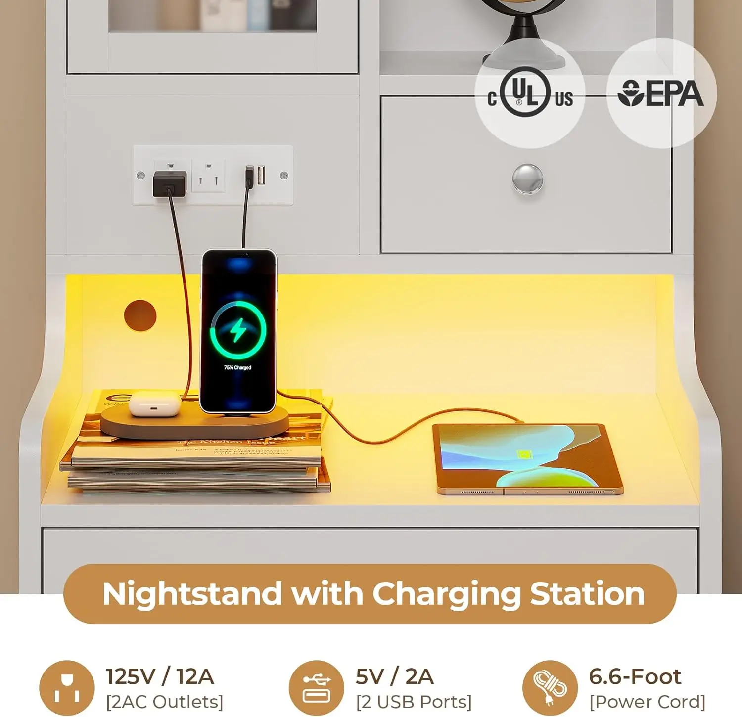 White Nightstand Set of 2 with Charging Station 49.2" LED Night Stand for Bedroom,Tall Bedside Table with Bookshelf and Drawers
