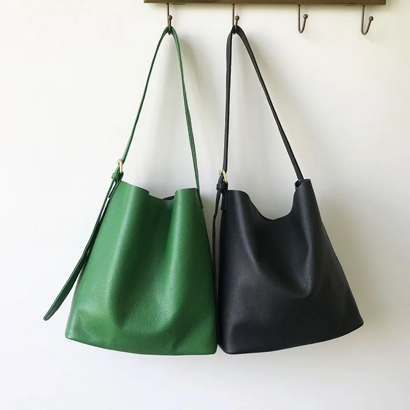

Korean Fashion Green Bucket Bag Genuine Leather Shoulder Bag Crossbody Large Capacity Real Leather Handbag Fashion Shoulder Bags
