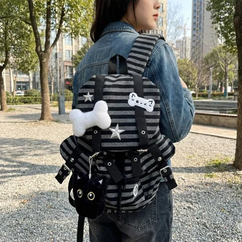 Vintage Striped Backpack Large Capacity Versatile  Bag Multi-Pocket Cute Cat Rucksack Outdoor Travel Commute Backpacks 1