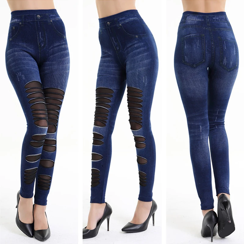 Personality Hollow Out Mesh Patchwork Women's Imitation Denim Leggings Hottie Outwear Sexy Tight Stretch Polyester Pencil Pants fashion high waist slimming jeans women peach hip sexy tight jeans sheath summer thin denim woman jeans mom jeans pencil pants