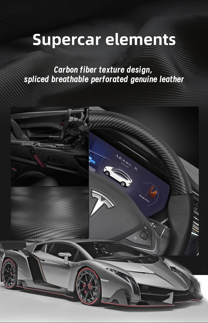 Geeignet für Tesla, atmungsaktives Leder, matte Carbonfaser-Textur, Lenkradbezug, geeignet für Modell 3, Y S X und andere Modelle, Schwarz, Orange, Rot, Mokka-Farbe, Autozubehör – Detail 4