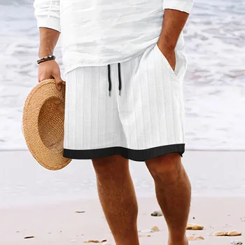 2025 Fashion New men's Hawaiian beach style everyday casual solid-color jacquard lace-up comfortable and breathable shorts 1