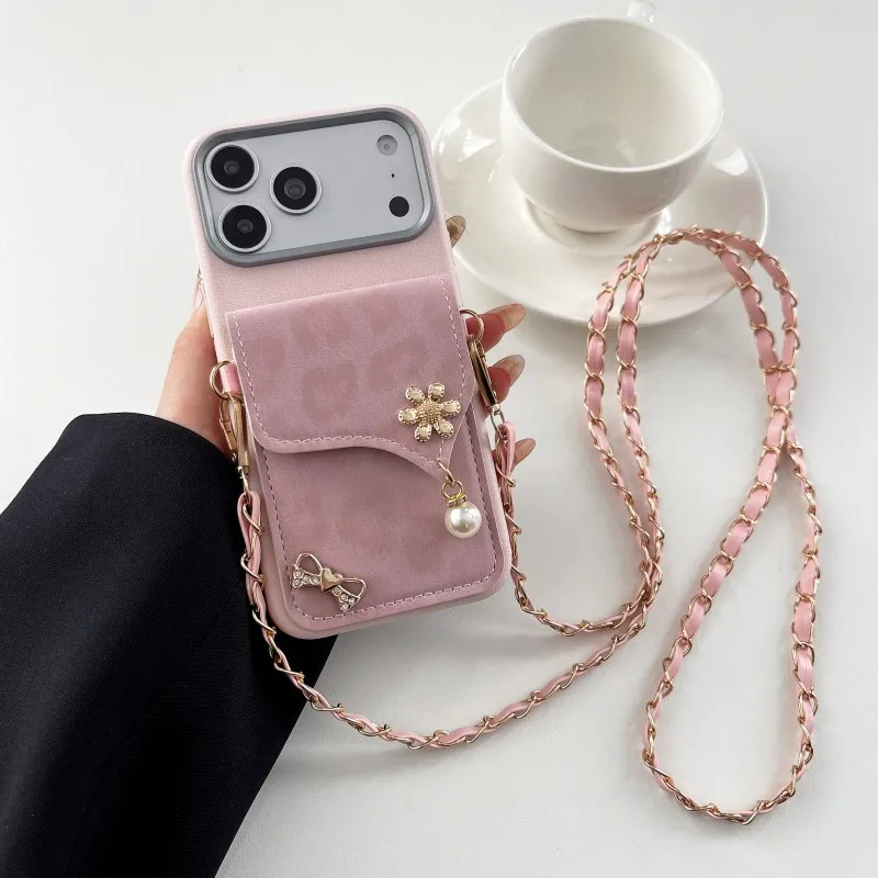 Luxury Leopard Wallet Case with Diamond Pearl Card Holder and Crossbody Strap