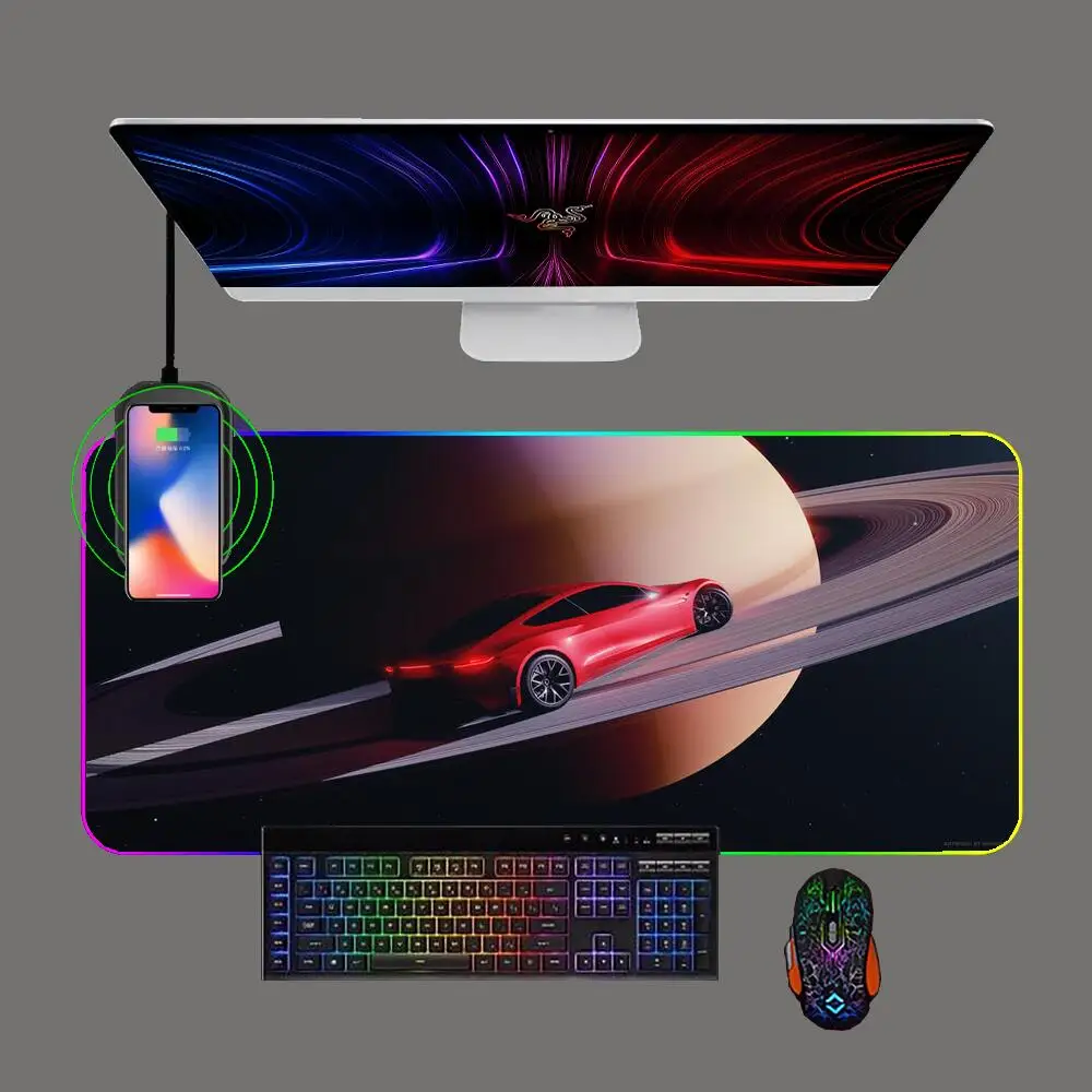 

Tesla Gaming Mouse Pad RGB Phone Wireless Charging Luminescence Pc Keyboard Mat Computer Office Rubber Mousepad for CS GO LOL