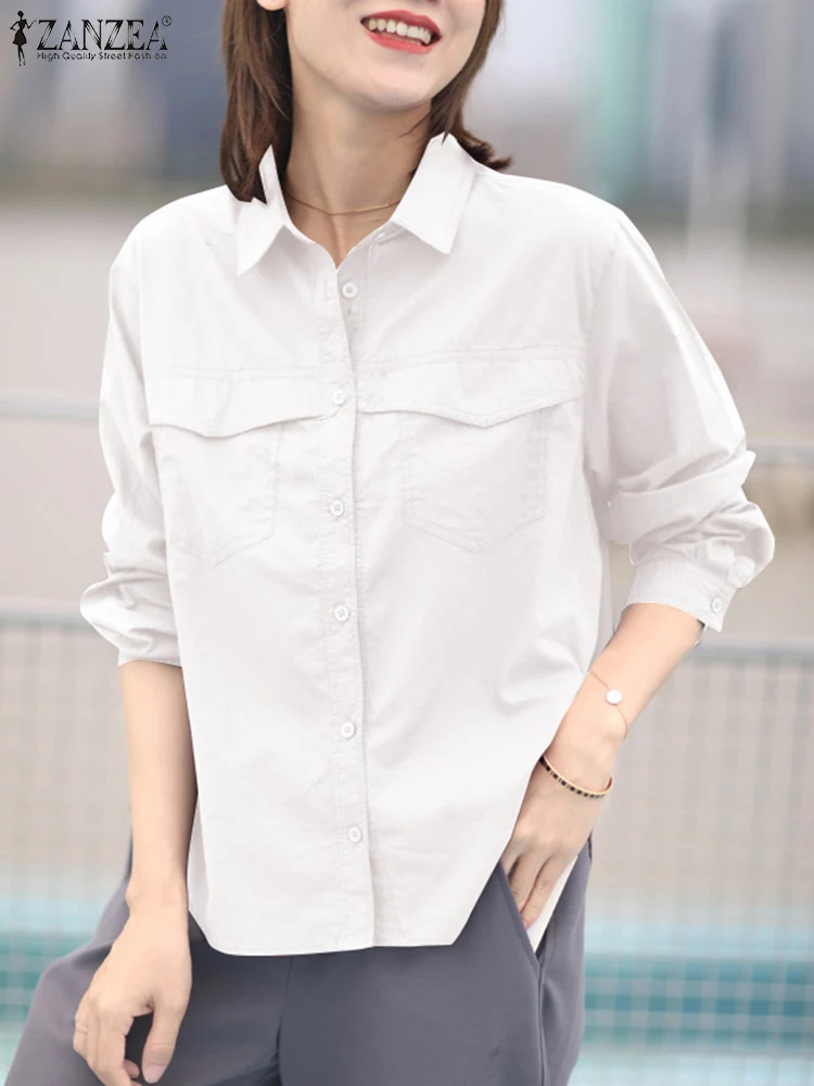 

ZANZEA 2024 Spring Tops Fashion Lapel Neck Pocket Korean Women Office Shirt Long Sleeve Blouse Casual Loose Solid Color Blusas
