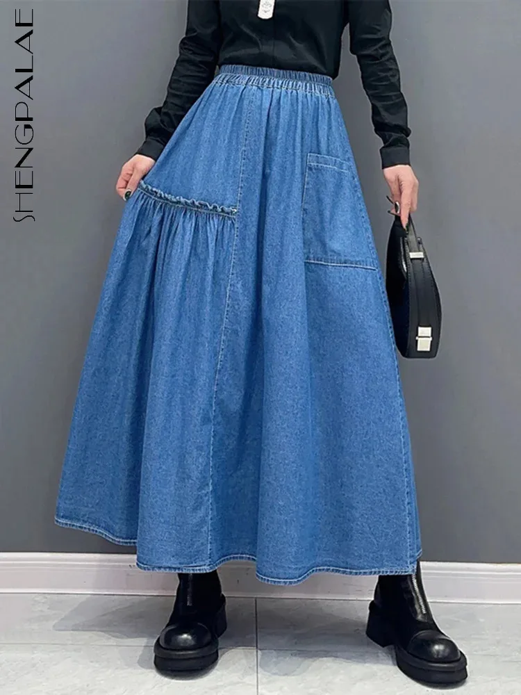 

SHENGPALAE Denim Skirt For Women Spring Versatile Elastic Waist Pocket Patchwork A-line Casual Chic Skirts Spring 2024 New R9475
