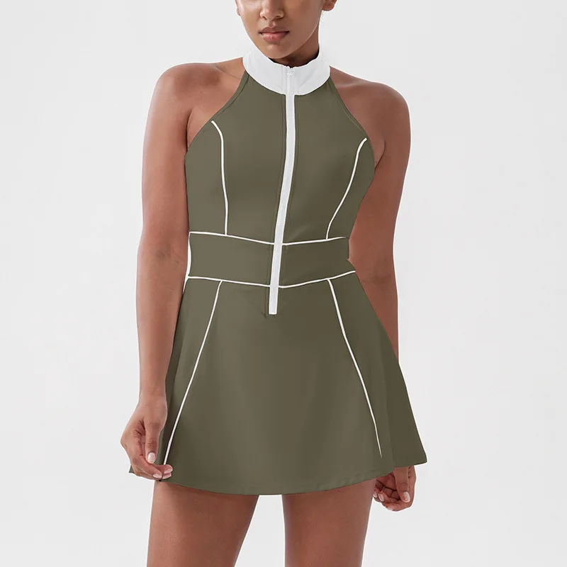 Alpha Colorblock Half-Zip Tennis Dress for Women, Stand Collar Golf Dress with Built in Shorts for Summer Athletic