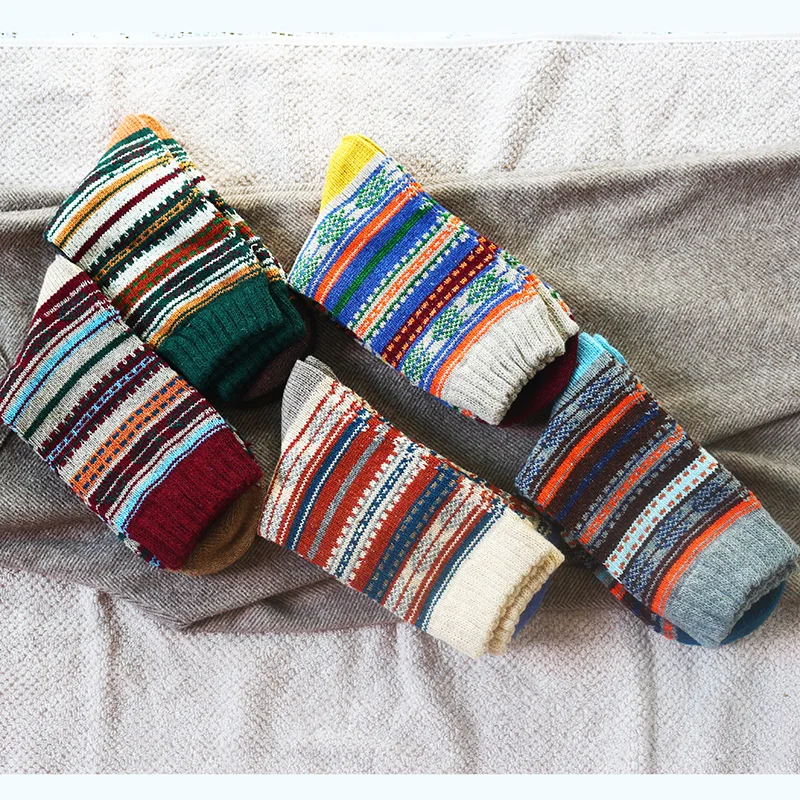 겨울 신작 남성 두꺼운 따뜻함 하라주쿠 레트로 고품질 sStriped 패션 울 캐주얼 양말 5 쌍