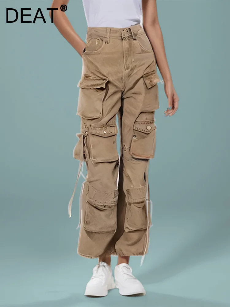 

DEAT Vintage Fashion Women Ribbon Design Multi Pockets Jeans 2024 Autumn High Waist Straight Wide Leg Denim Pants Female 29L7902