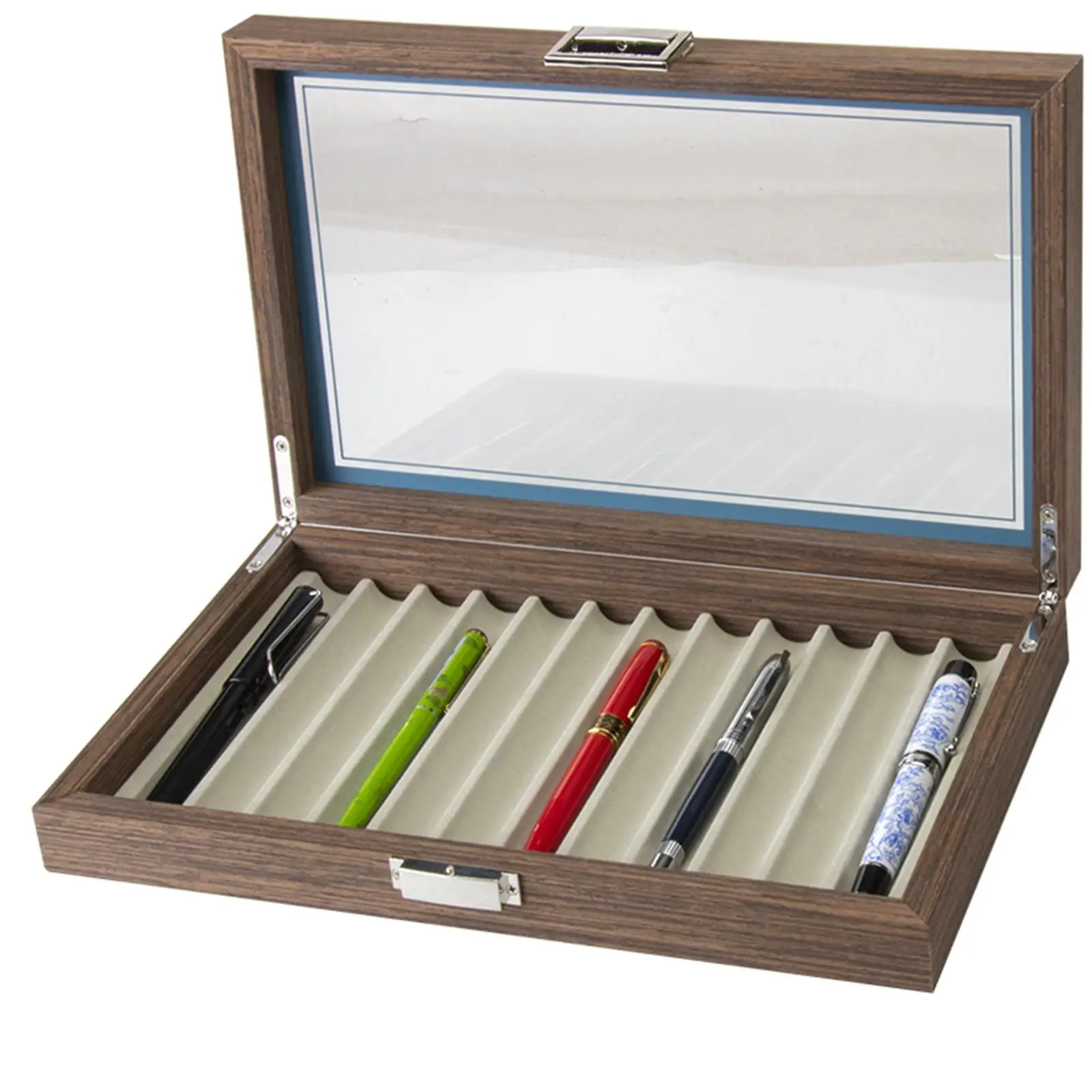 Wooden Pen Storage Case 12 Pens Capacity Practical Pen Collection Case Organizer 12 Slot with Glass Window for School Shop Home 2