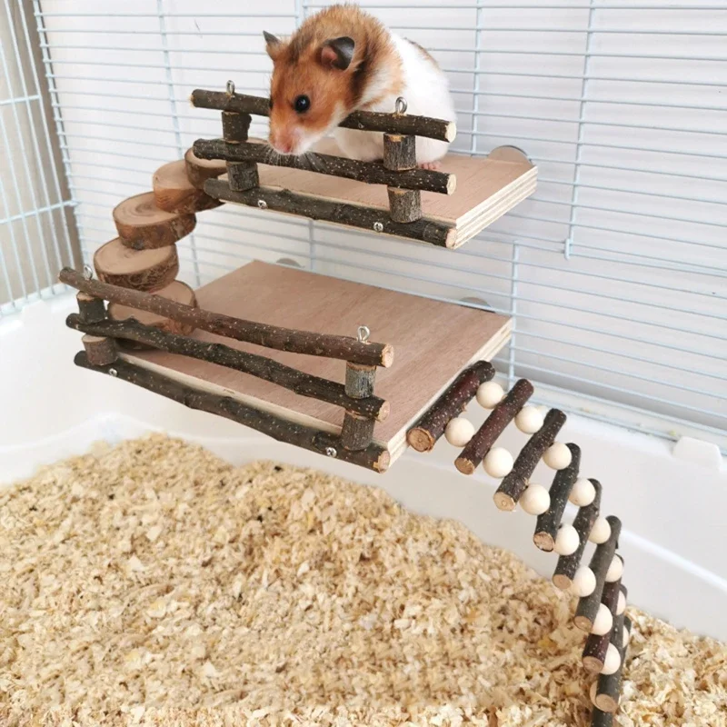 Hamster Activity Platform with Wooden Ladder Stairs Chew Toy Natural Hideout for Rat Gerbil Small Animal Pet Toy 5