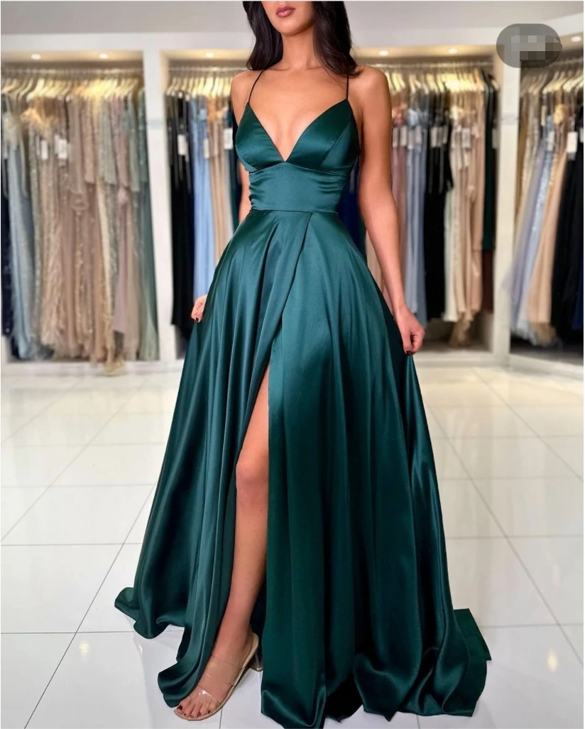 Sexy A Line Satin V Neck Prom Dresses with Slit Spaghetti Strap Formal Evening Dress  Lace Up Back Party Wear Dress Backless