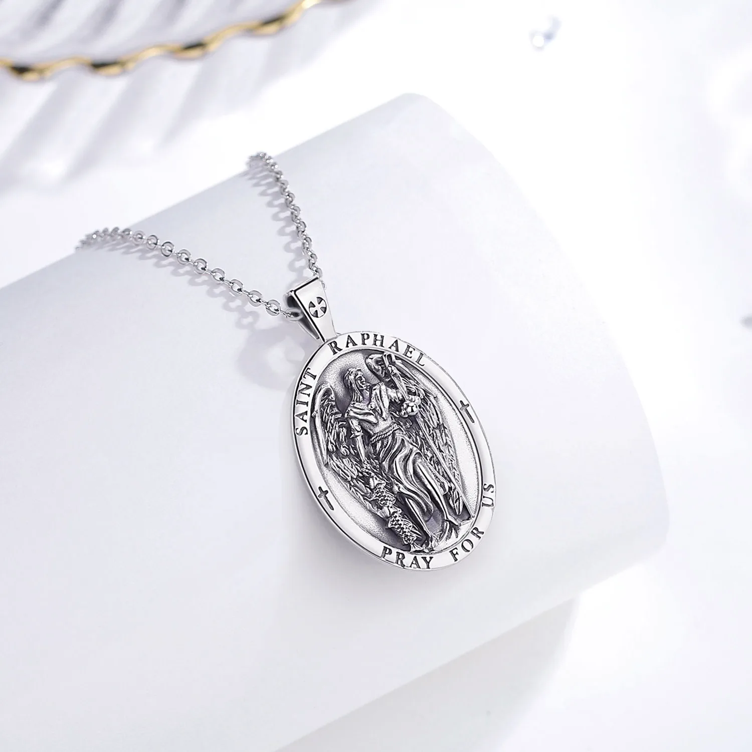 Eudora 925 Sterling Silver Saint Raphael Archangel Necklace Religious Amulet Pendant Vintage Jewelry Personality Gift For Men pendant necklace silver pendant