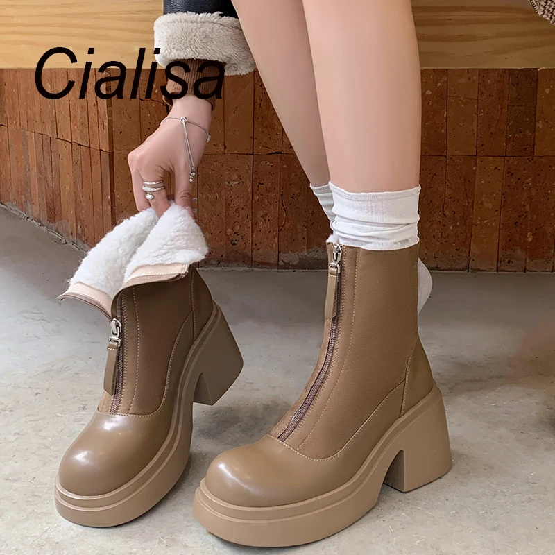 

Cialisa Platform Ankle Boots Winter Warm Fur Women Short Boots 2023 Round Toe Fashion Patchwork Genuine Leather High Heels Shoes