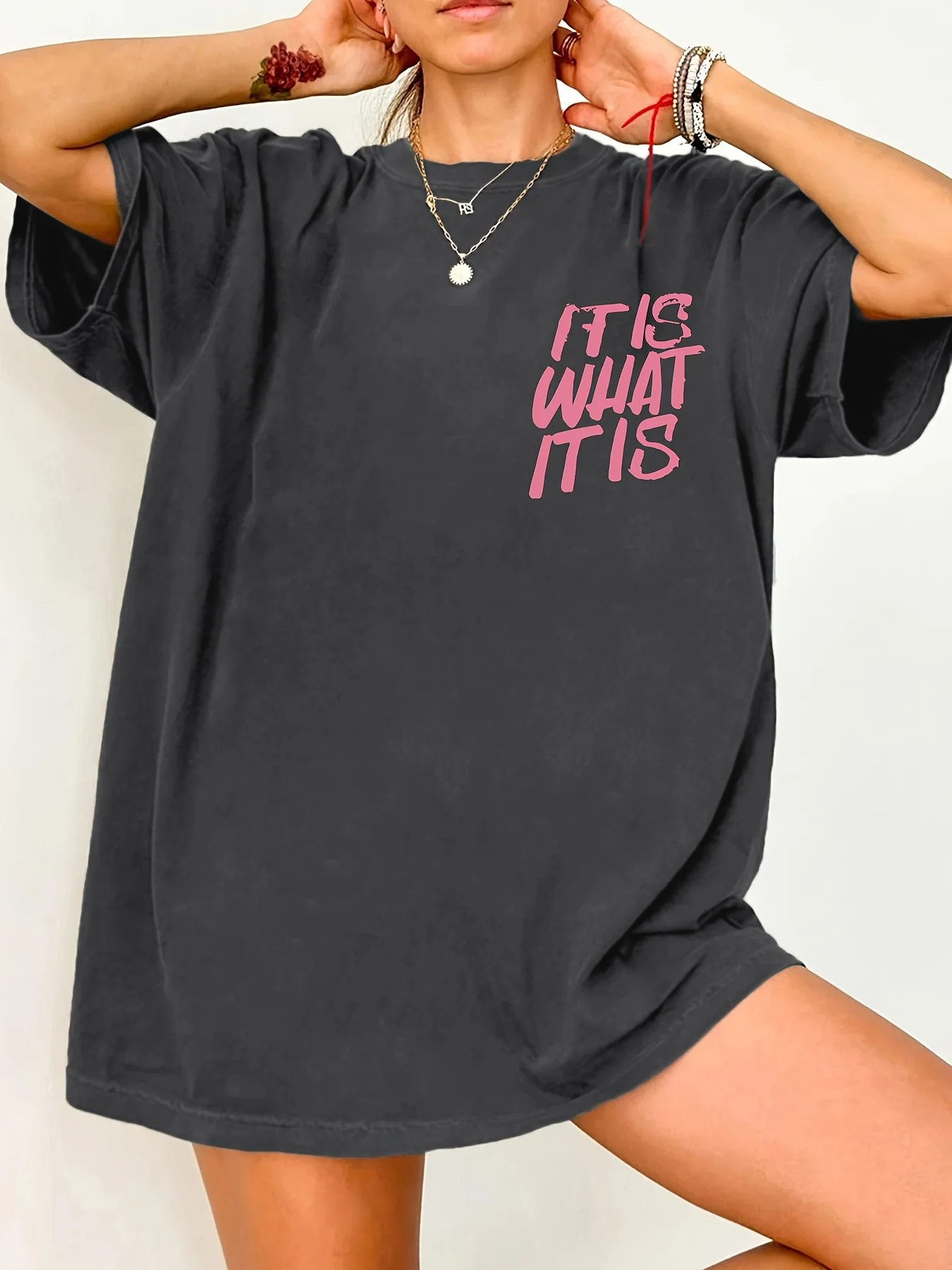 Women'S Casual Oversized T-Shirt It Is What It Is" Letter Print Relaxed Round Neck Double-Sided Graphic Design Short Sleeve 2