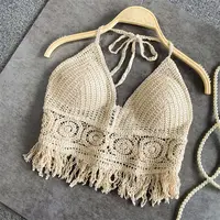 Femmes Crochet haut à licou été plage tricot réservoir court frange Boho à lacets dos nu Cami Blouse Festival vacances porter 6