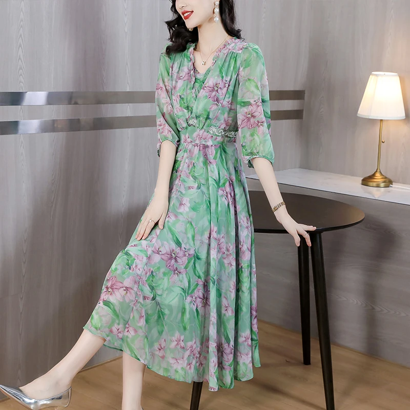 

2024 New Women's Green Printed Silk Dress Casual Large Size Loose Tight Over Knee Dress Elegant Party Vacation Vestidos