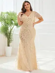 Plus Size Elegant Evening Dresses Long O-Neck Mermaid Lace Chiffon Short Sleeve Gown 2024 BAZIIINGAAA of Gold Prom Women Dress