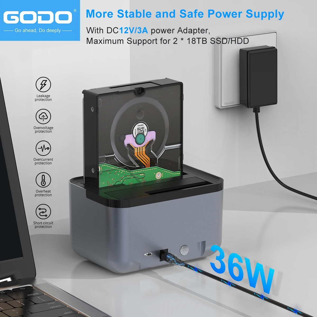 GODO Dual Bay Hard Drive Dock Hard Drive Docking Station to USB 3.0 Type C for SATA 2.5 / 3.5 inch HDDs/SSDs with LED Indicator