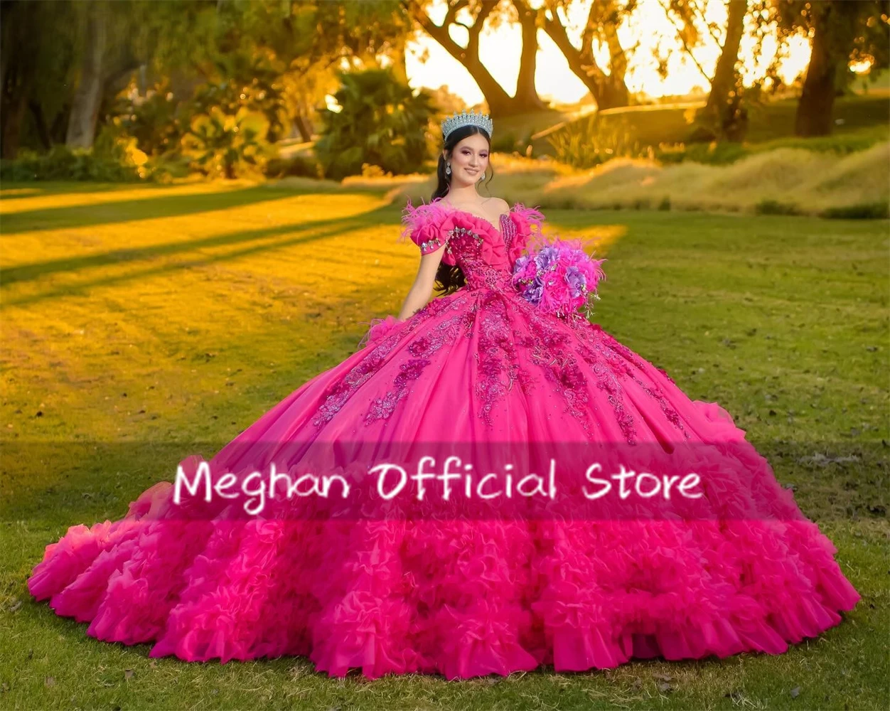 Fuchsia Off Shoulder 3D Flower Quinceanera Dress Bead Applique Birthday Luxury Dress Feather Tiered Ruffles Gown Customized
