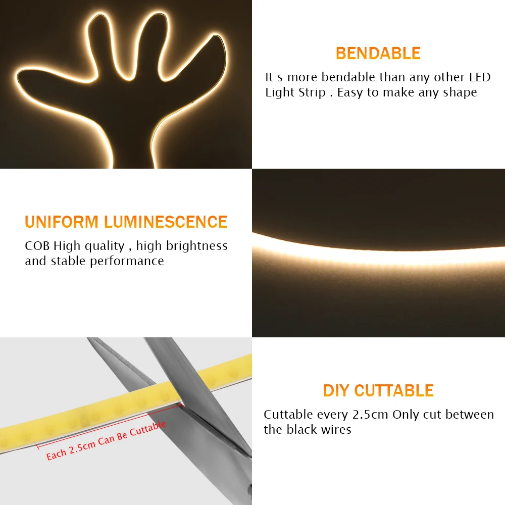 DC 5V 12V 24V COB LED Strip 320 384 480 528LEDs/m High Density Flexible COB LED Tape Light Bar 3MM 5MM 8MM PCB Linear Light 4